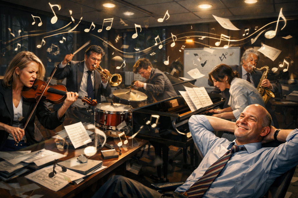 AI imagine van een vergadering waarin alle deelnemers met muziekinstrumenten dwars door elkaar heen spelen, zonder naar elkaar te luisteren.